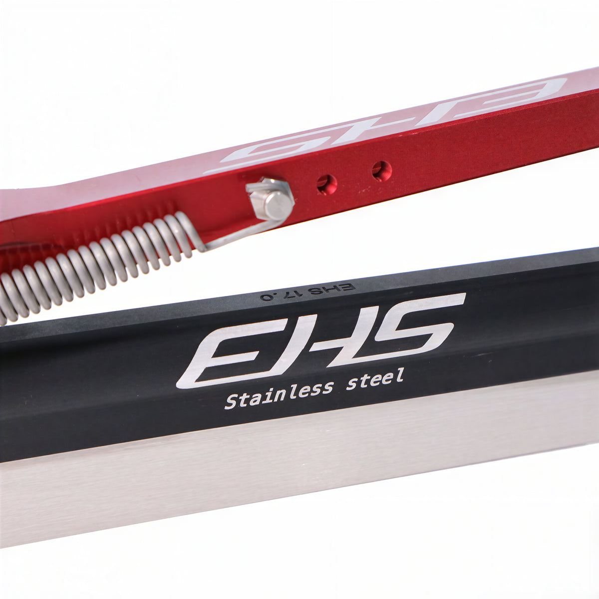 EHS Stainless-steel clap long track blade, close-up of the tube marking and the stainless runner edge