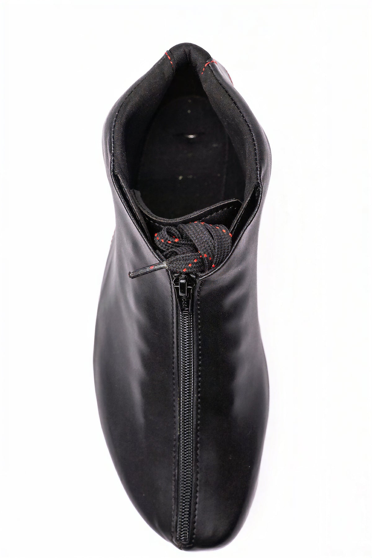Hurricane long track boot, black, top view of zipper, tongue and waxed laces