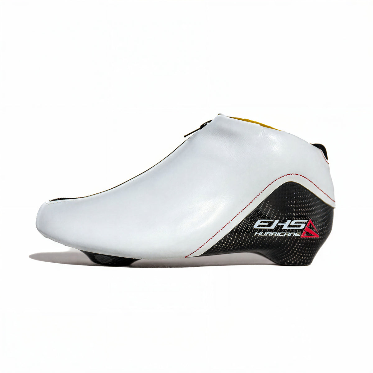 Hurricane long track boot, white, side profile, carbon heel with EHS Hurricane mark
