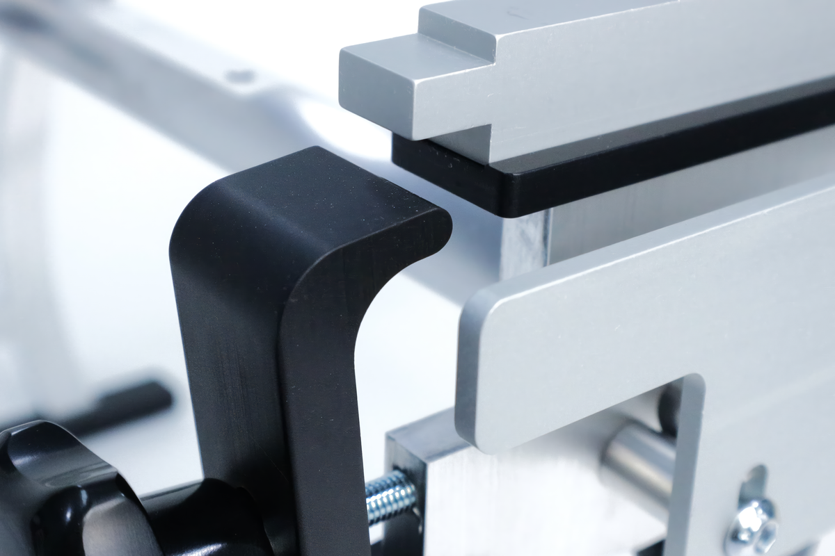 EHS short track and long track sharpening jig, close-up of the black clamp and knob