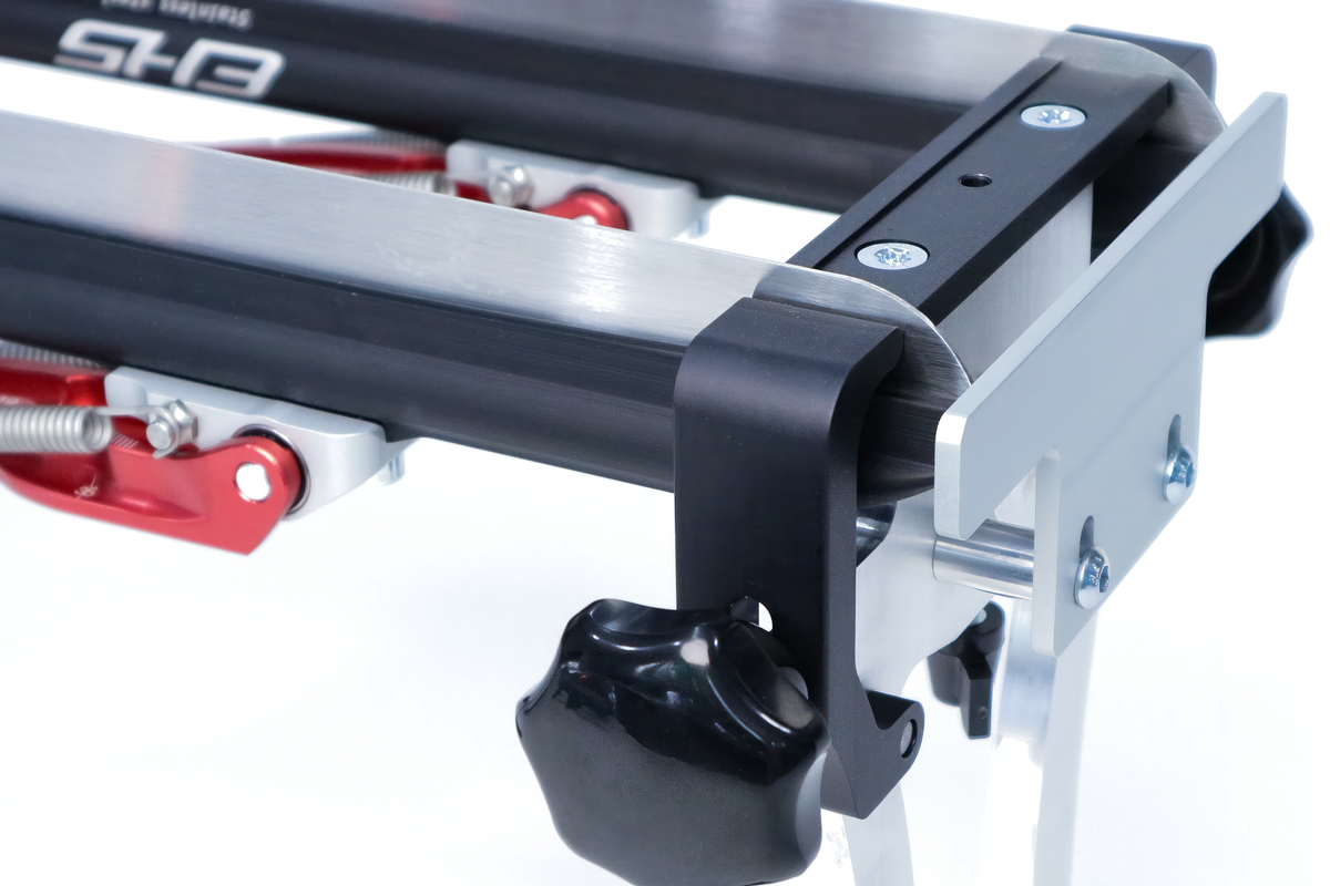 EHS short track and long track sharpening jig, close-up of the clamp end with blades held in the rails