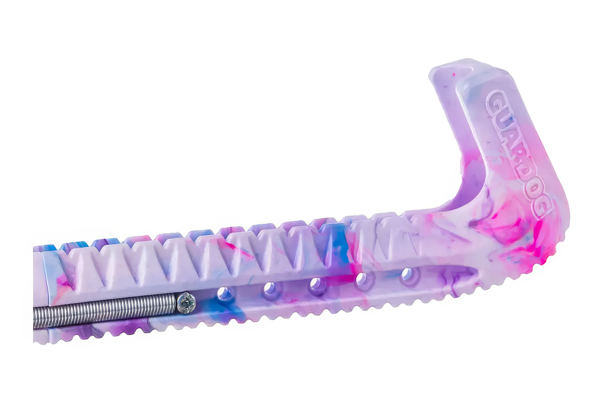 Protège-lames EHS StayBent GuardDog SwirlZ Tutti Frutti, gros plan de l'extrémité aux tourbillons lilas, roses et bleus