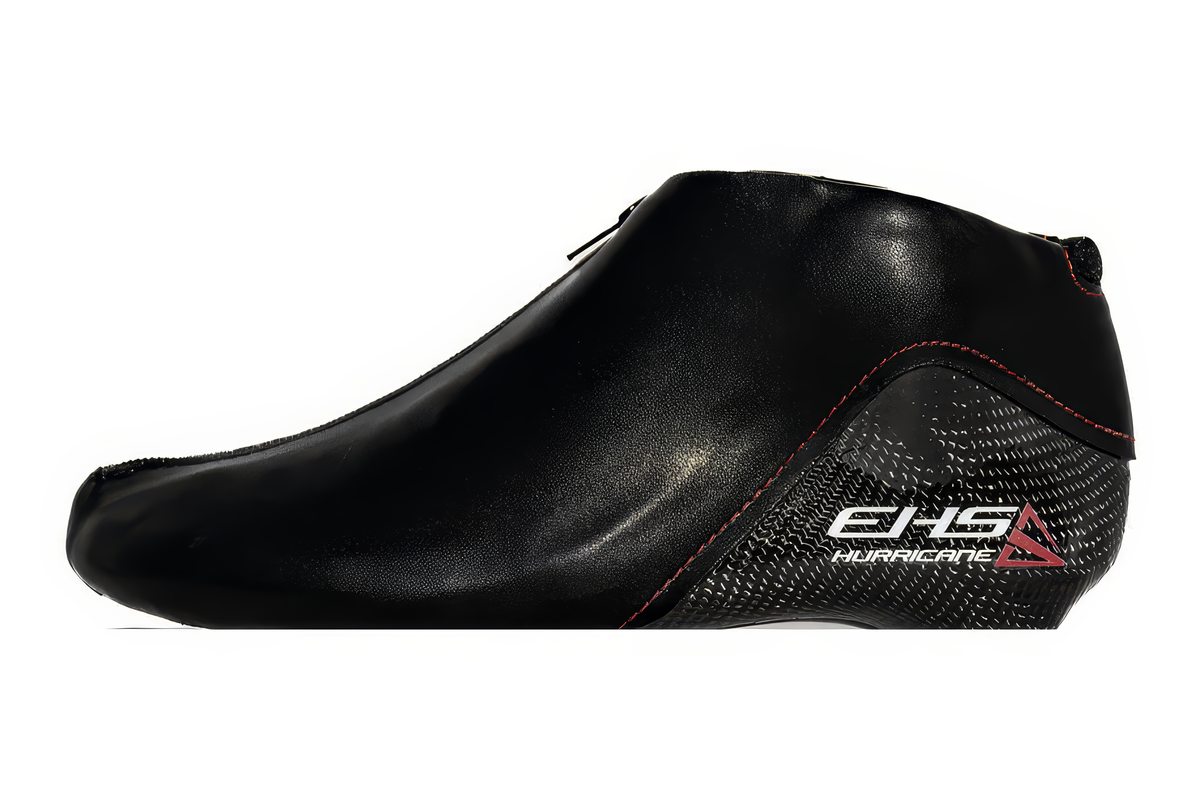 EHS StayBent Hurricane long track speed skate boot, black, side profile, carbon heel with EHS Hurricane mark