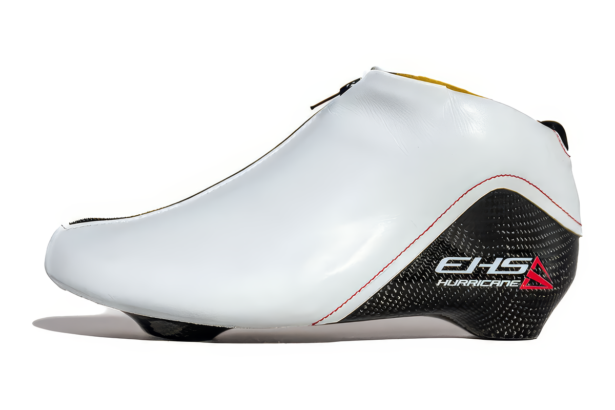 EHS StayBent Hurricane long track speed skate boot, white, side profile, carbon heel with EHS Hurricane mark
