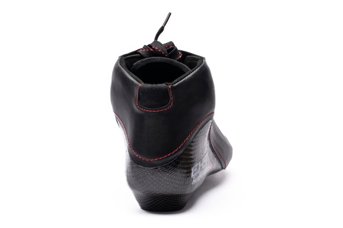 EHS StayBent Hurricane long track speed skate boot, black, rear view with laces tied at the collar