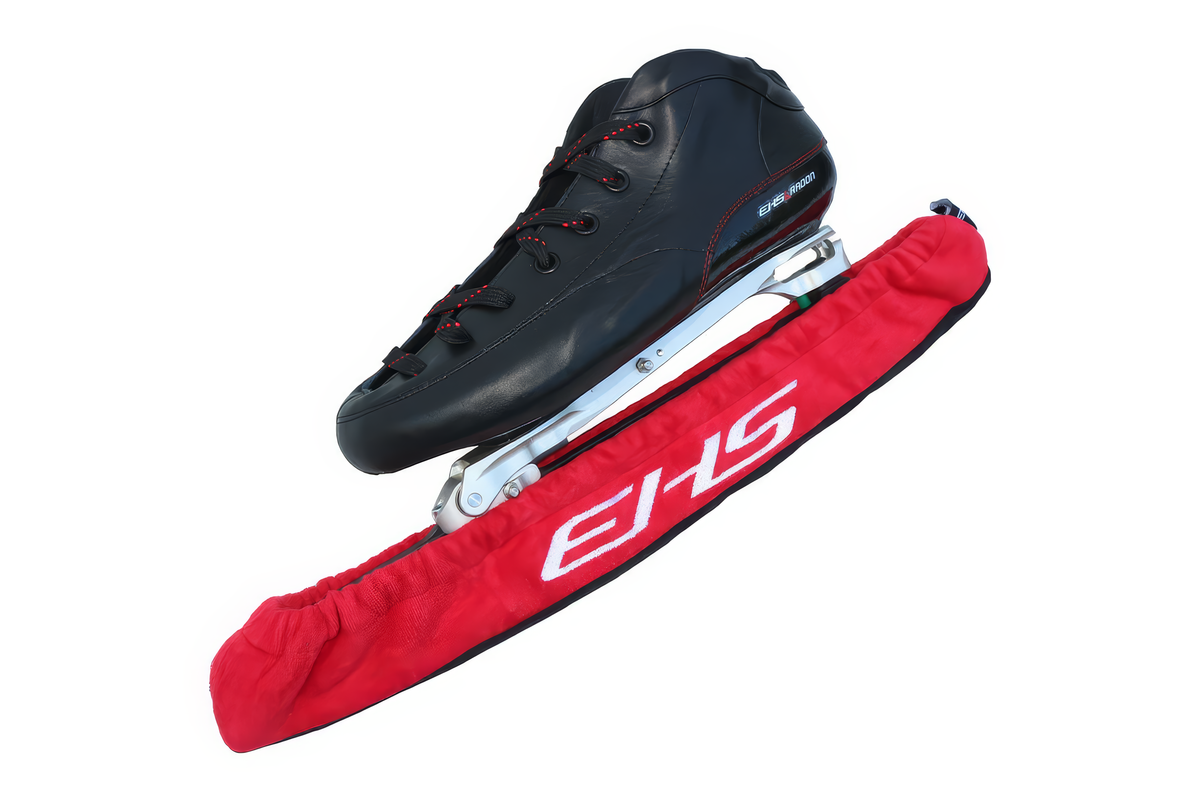 EHS StayBent Radon long track speed skate boot, black, mounted on a clap blade covered by a red EHS soaker
