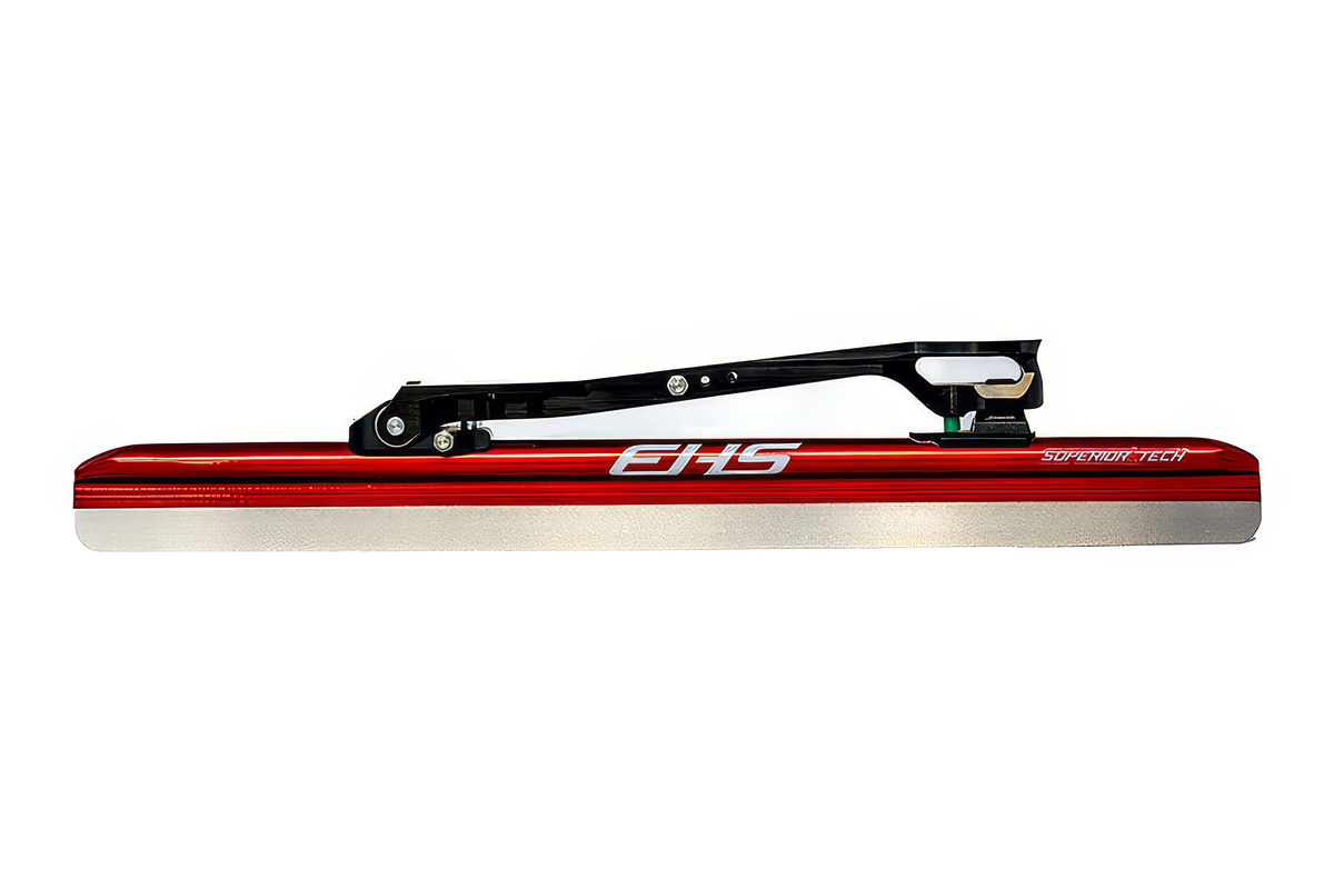EHS StayBent Superior long track speed skate clap blade, side profile with red tube and black bridge
