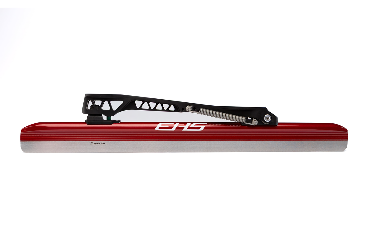 Lame clap longue piste EHS StayBent Superior, tube rouge et pont noir, profil complet sur fond blanc