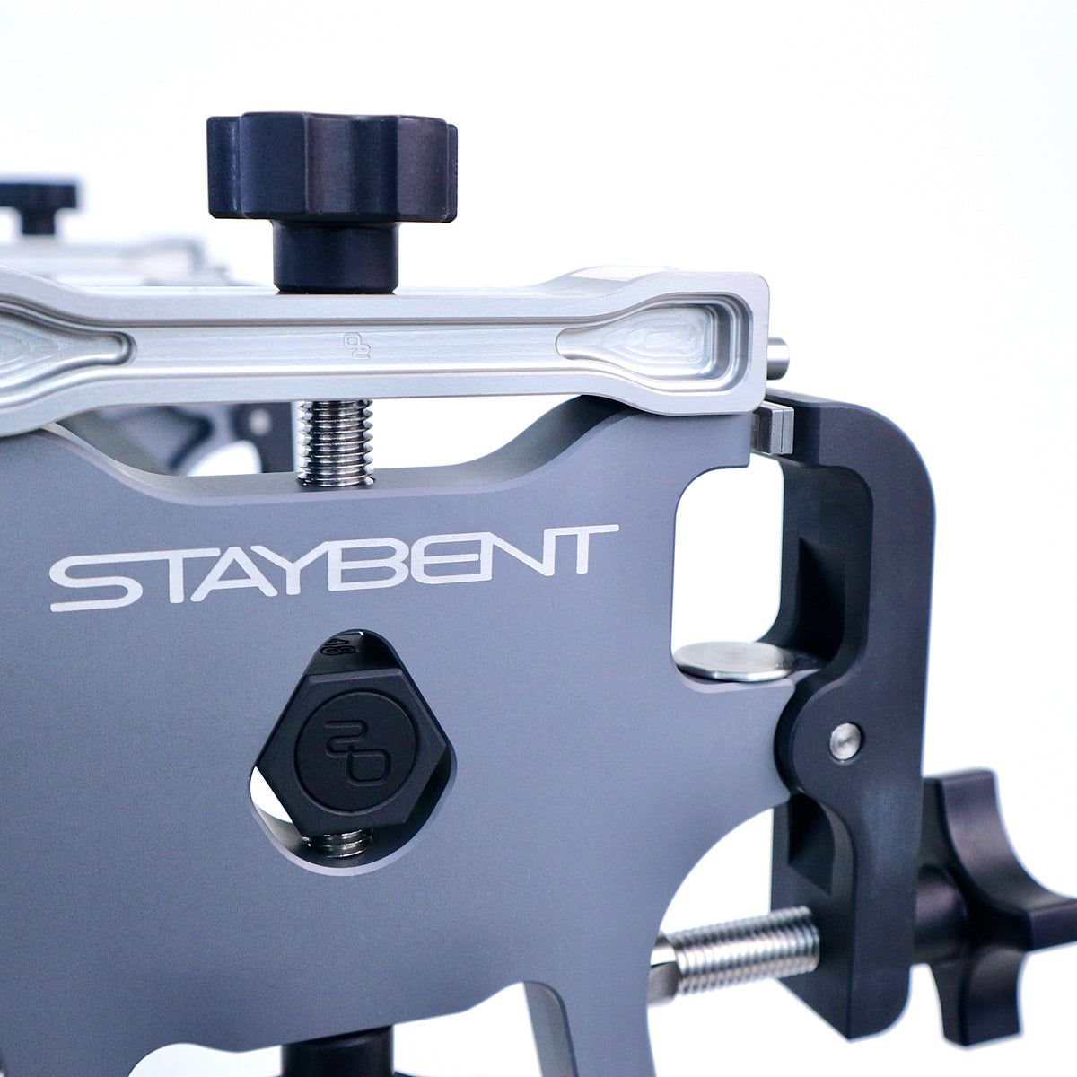 StayBent PRO sharpening jig, macro of StayBent lettering, hex nut and top knob
