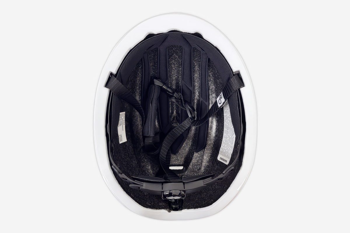 Casque de patinage de vitesse StayBent blanc brillant, vue intérieure des mousses noires et des sangles