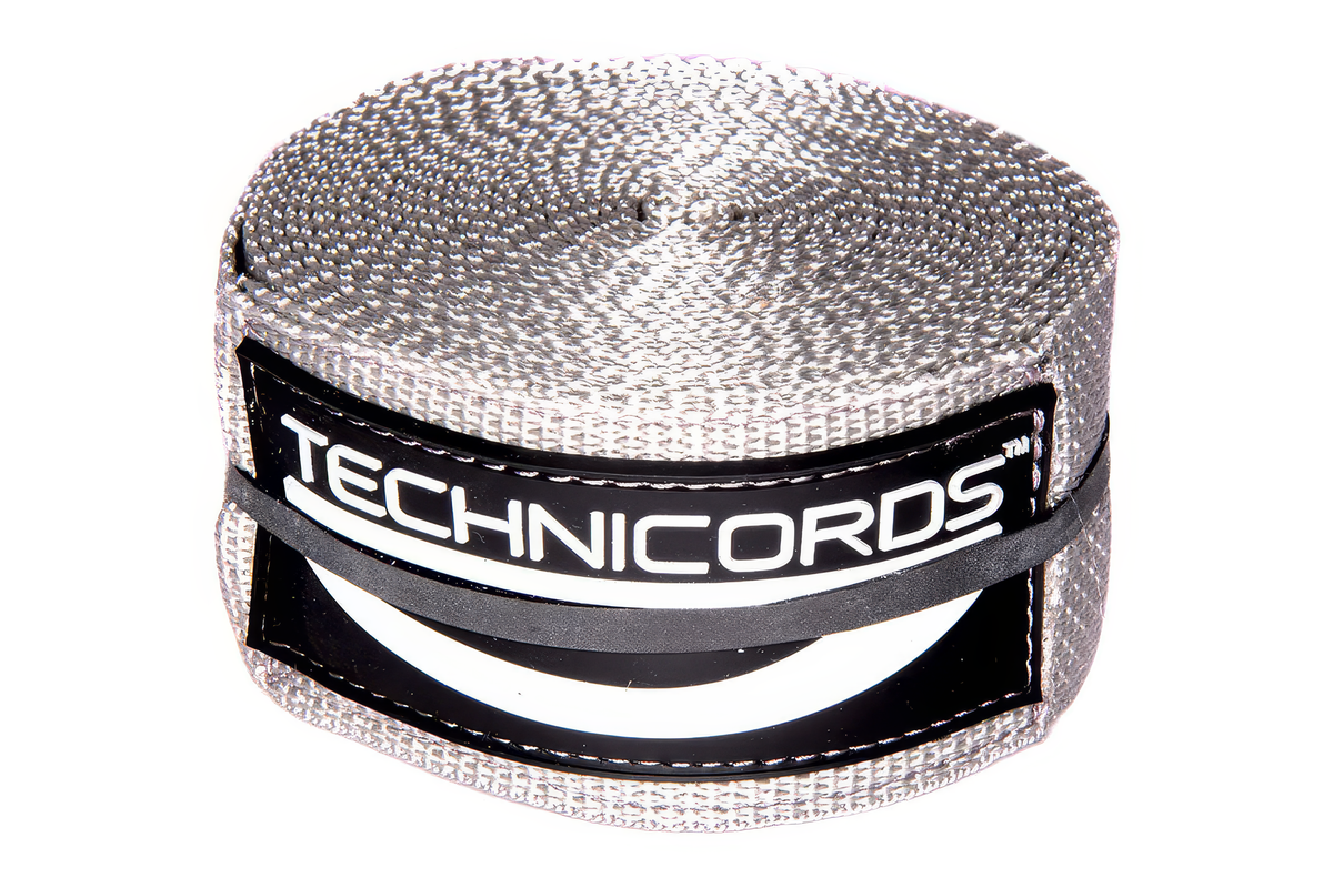 Ceinture de virage StayBent TechniCords, argent, roulée avec l'étiquette TechniCords