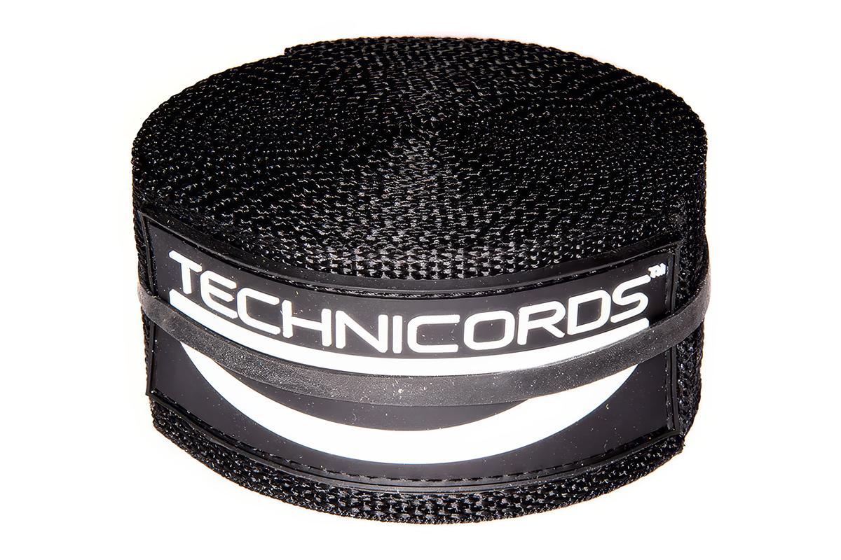 Ceinture de virage StayBent TechniCords, noire, roulée avec l'étiquette TechniCords