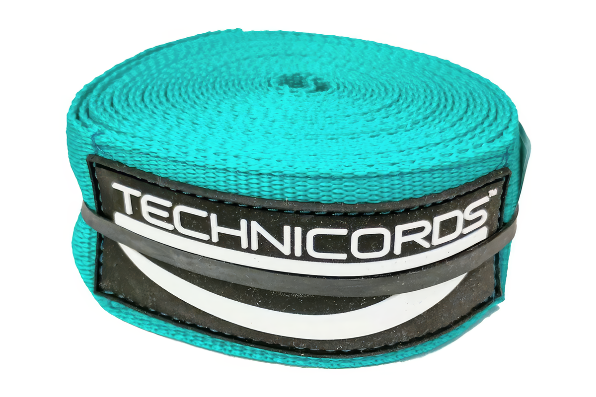 Ceinture de virage StayBent TechniCords, vert sarcelle, roulée avec l'étiquette TechniCords