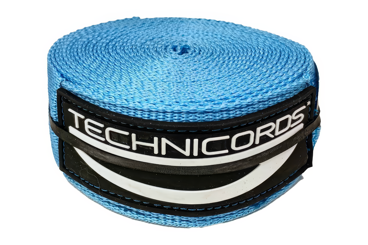 Ceinture de virage StayBent TechniCords, bleu ciel, roulée avec l'étiquette TechniCords