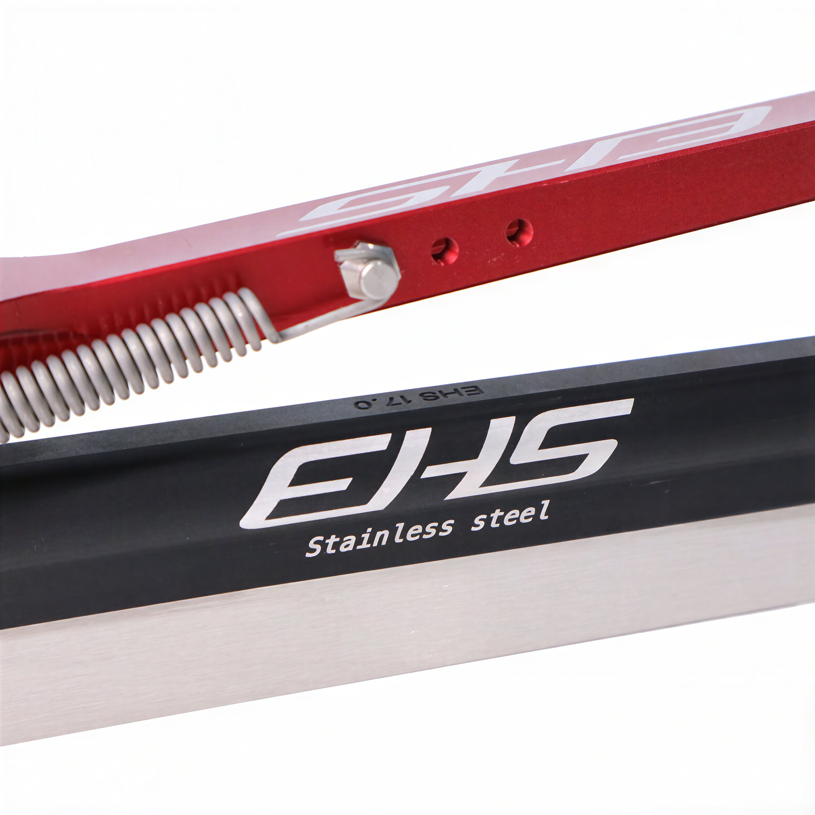 EHS Stainless-steel clap long track blade, close-up of the tube marking and the stainless runner edge