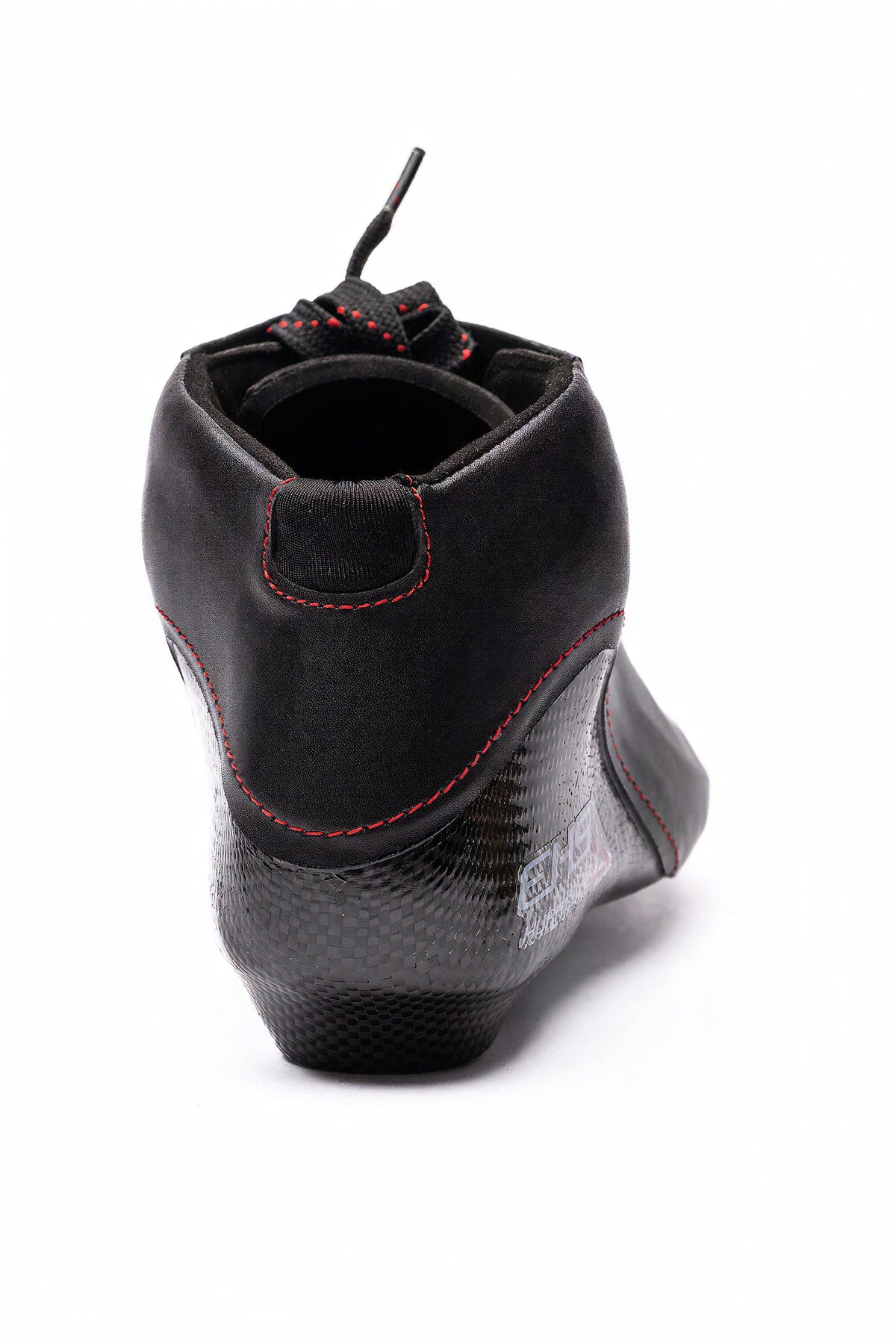 Hurricane long track boot, black, rear view with laces tied at the collar