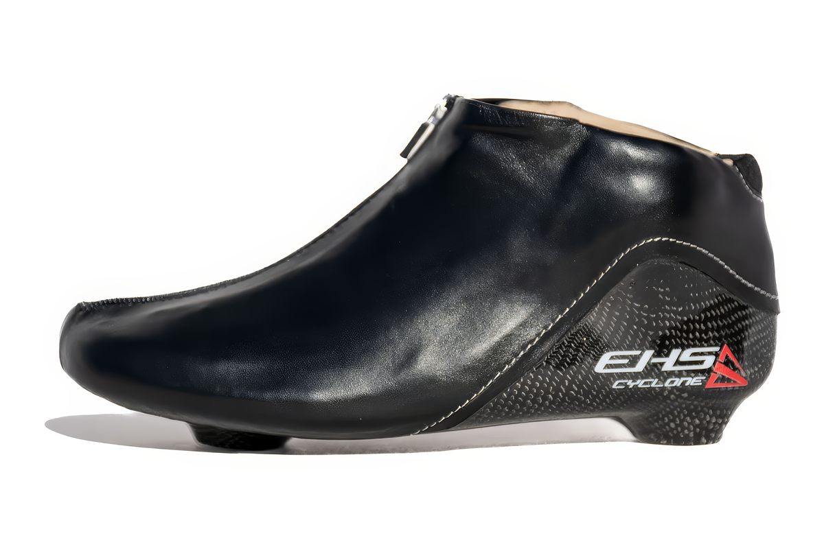 EHS StayBent Cyclone long track speed skate boot, black, side profile, carbon heel with EHS Cyclone mark