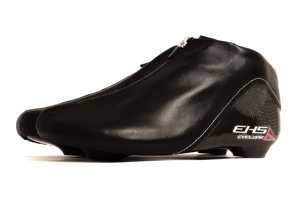 EHS StayBent Cyclone long track speed skate boots, black pair, side view with carbon heels and EHS Cyclone mark