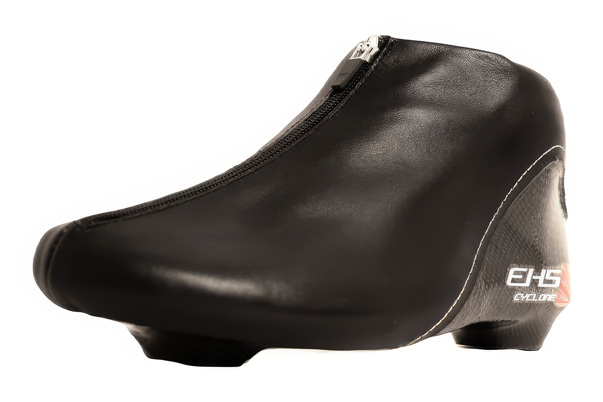 EHS StayBent Cyclone long track speed skate boot, black, front three-quarter view with the zipper and EHS Cyclone mark