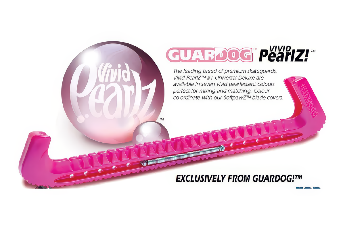 Protège-lames EHS StayBent GuardDog Pearlz, visuel du fabricant avec un protège-lame rose et le logo Vivid PearlZ
