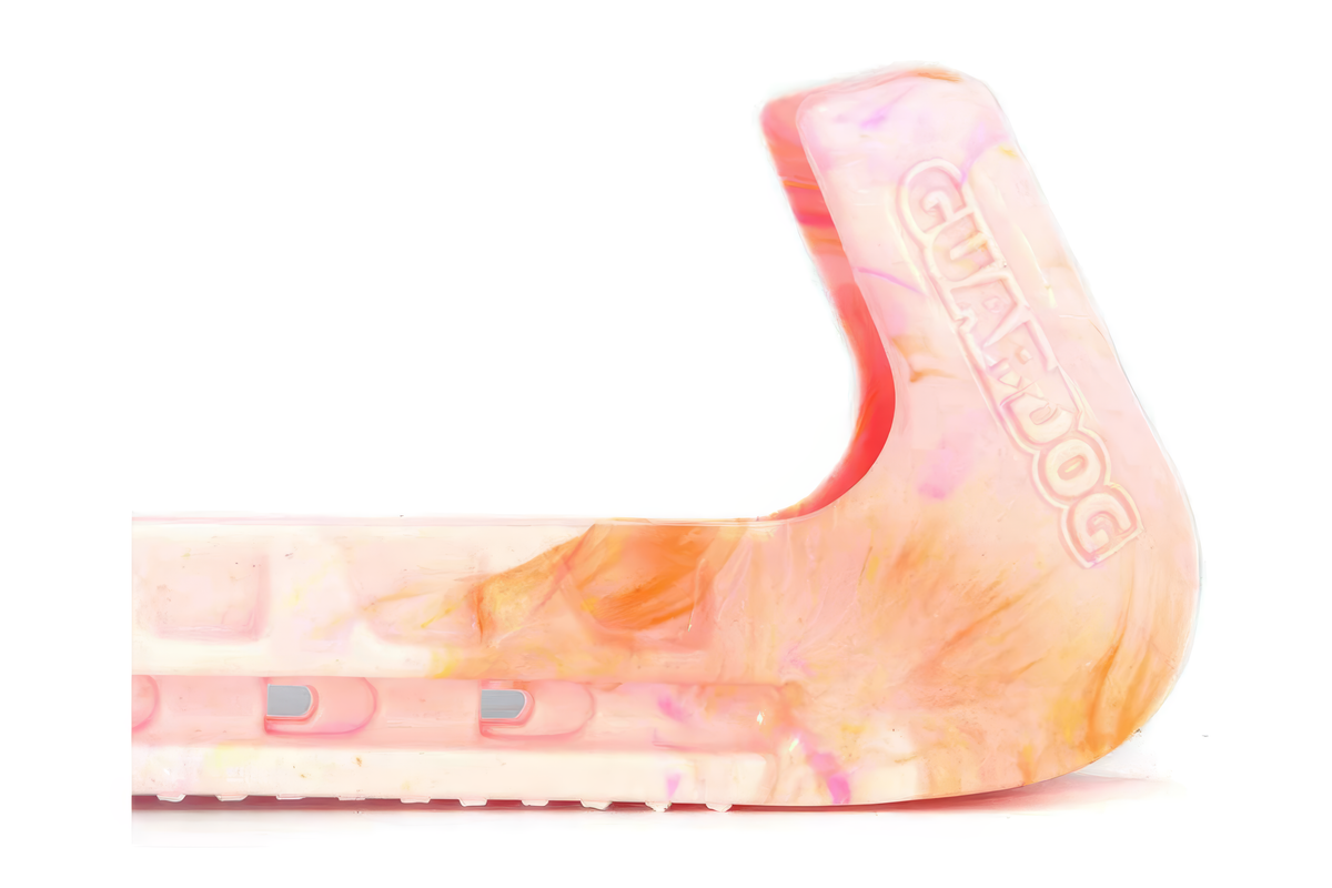 EHS StayBent GuardDog SwirlZ blade guards in tropical fruit, close-up of the end in peach and orange swirls