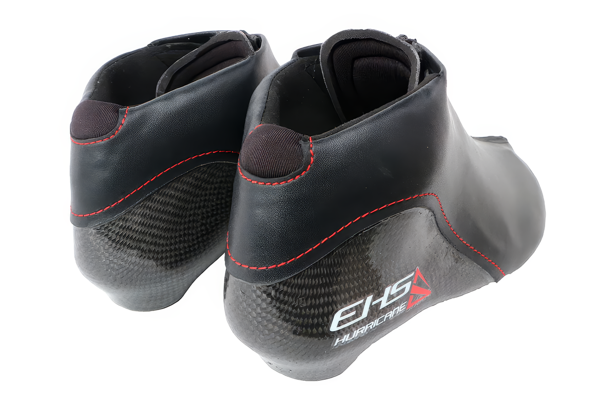 EHS StayBent Hurricane long track speed skate boots, black pair from behind, carbon heels and red stitching