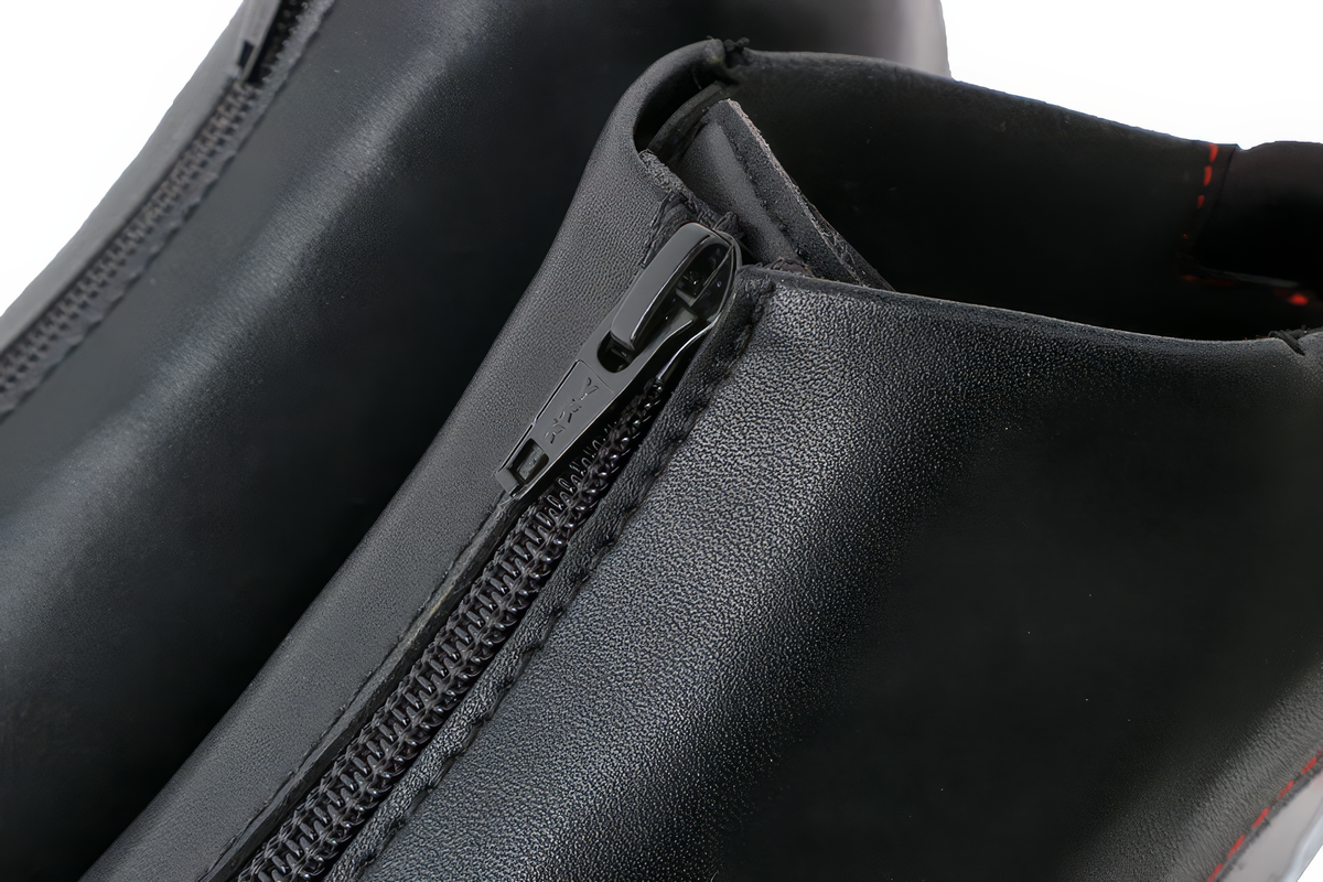 EHS StayBent Hurricane long track speed skate boots, black pair, close-up of the front zippers