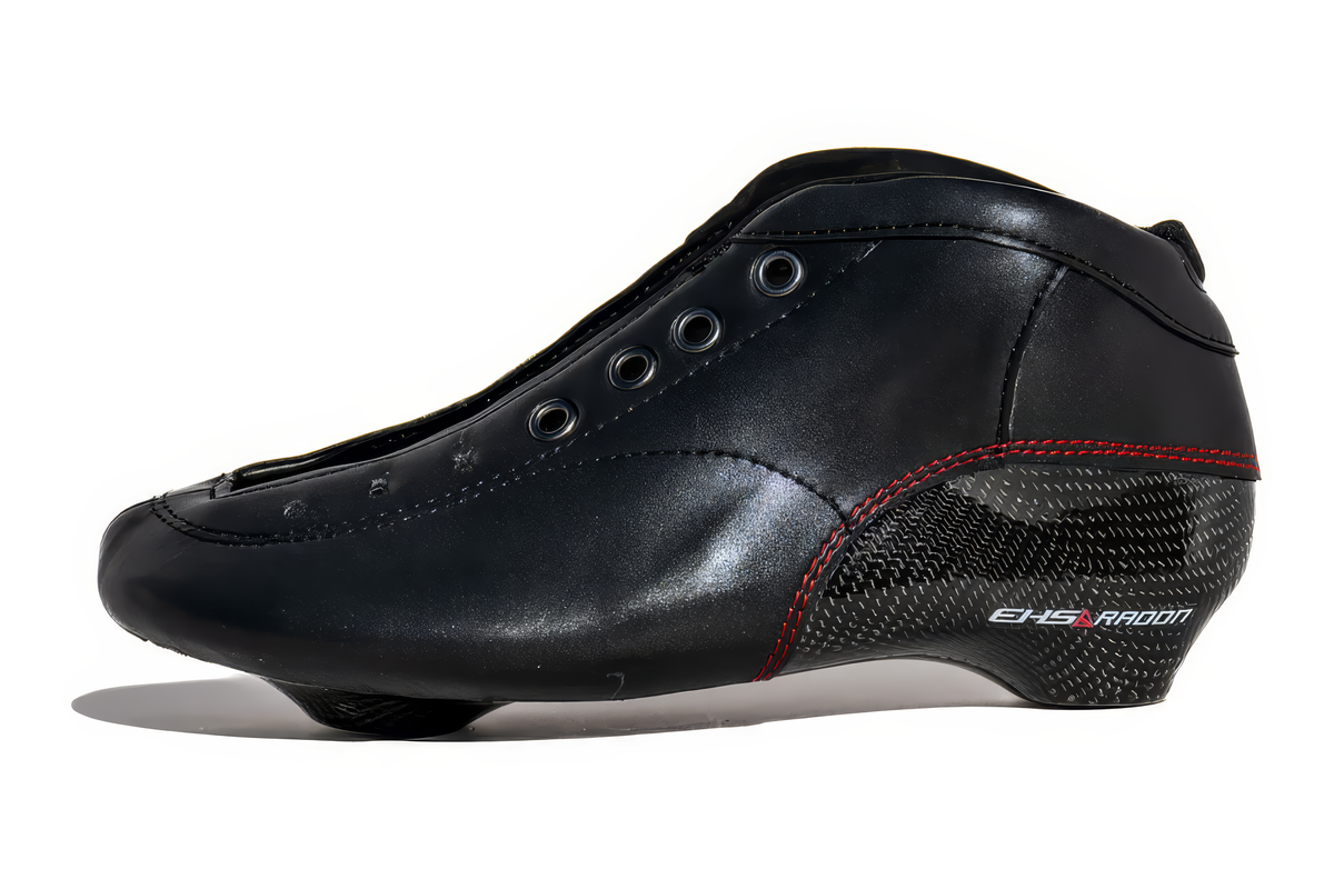 EHS StayBent Radon long track speed skate boot, black leather with carbon heel and red stitching, side view