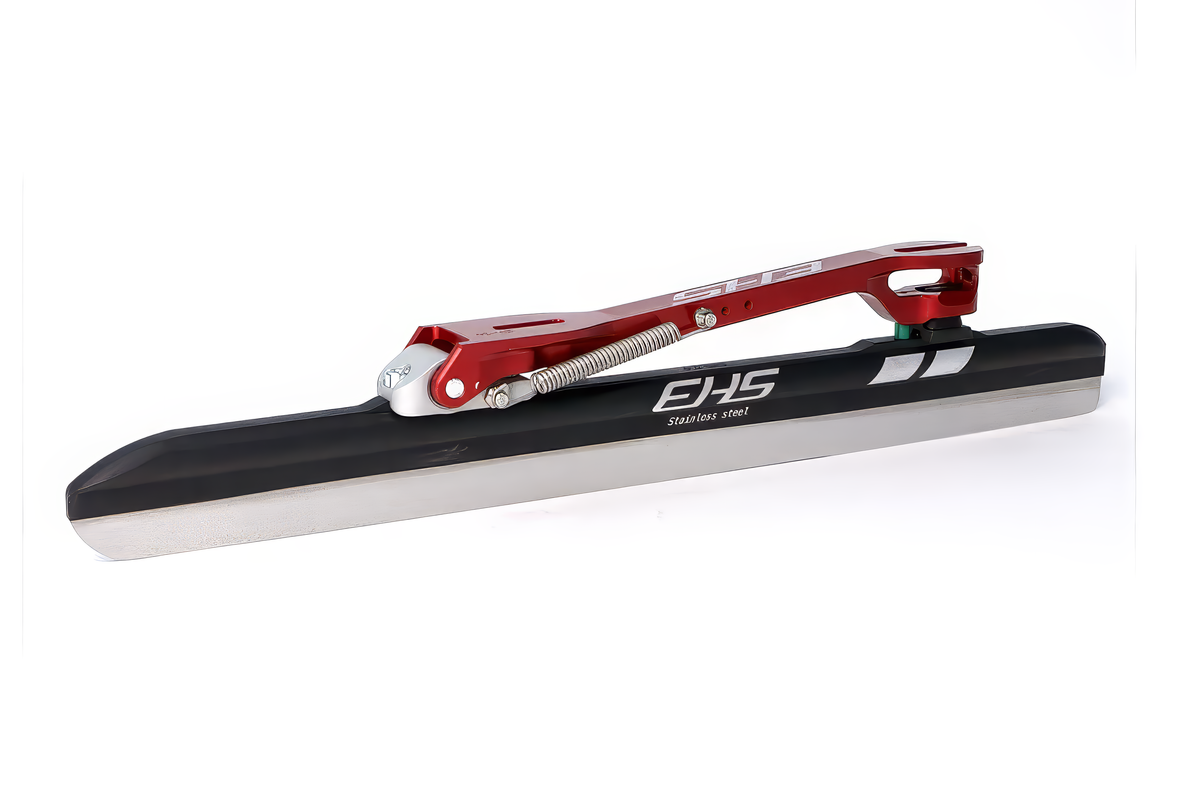 EHS StayBent Stainless-steel clap long track speed skate blade, three-quarter view with the red bridge and clap spring