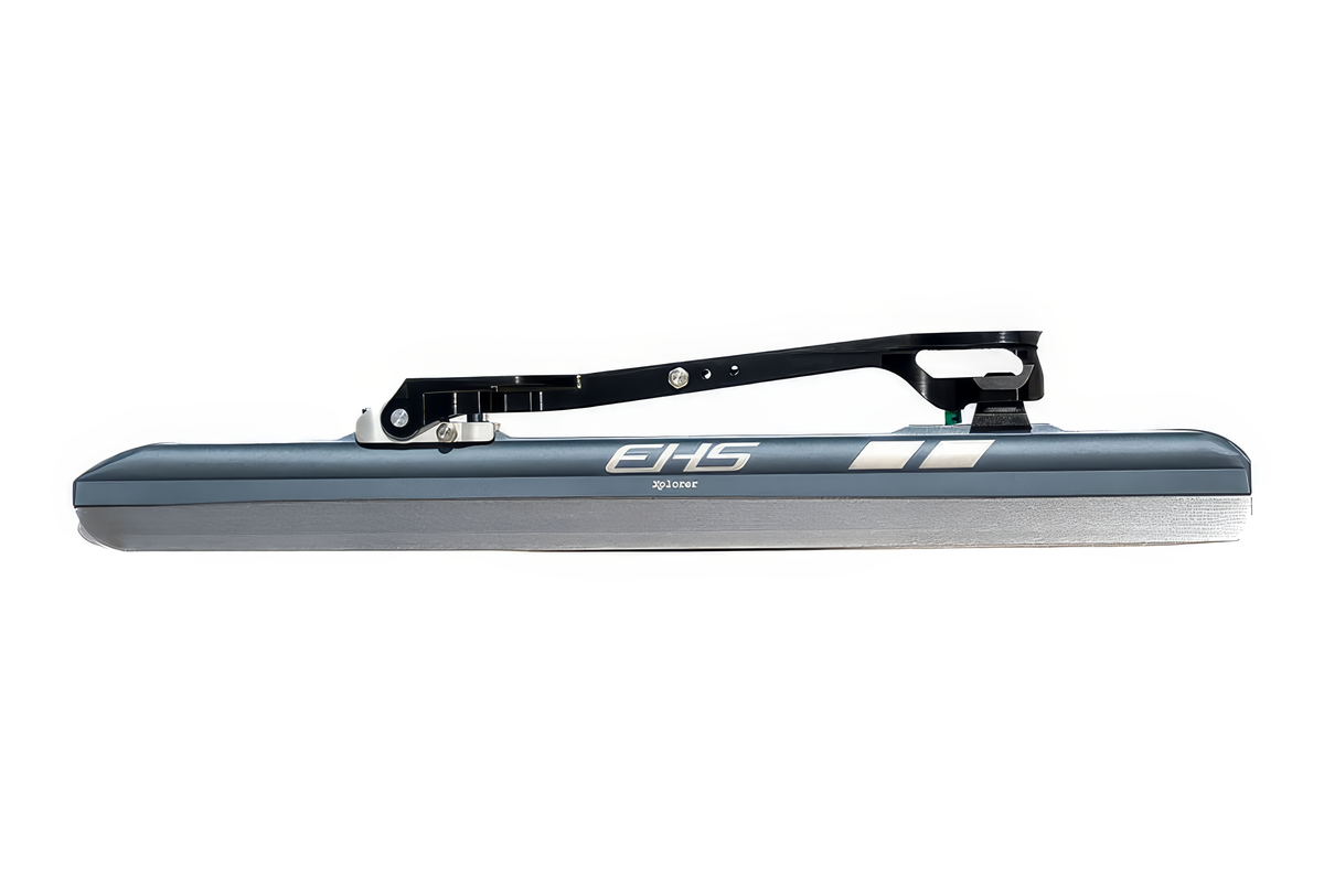 EHS StayBent Xplorer long track speed skate clap blades, full side profile of one blade, slate-blue tube and black clap bridge