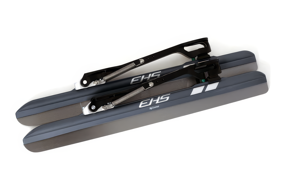 EHS StayBent Xplorer long track speed skate clap blades, pair with slate-blue tubes and black clap bridges, three-quarter view