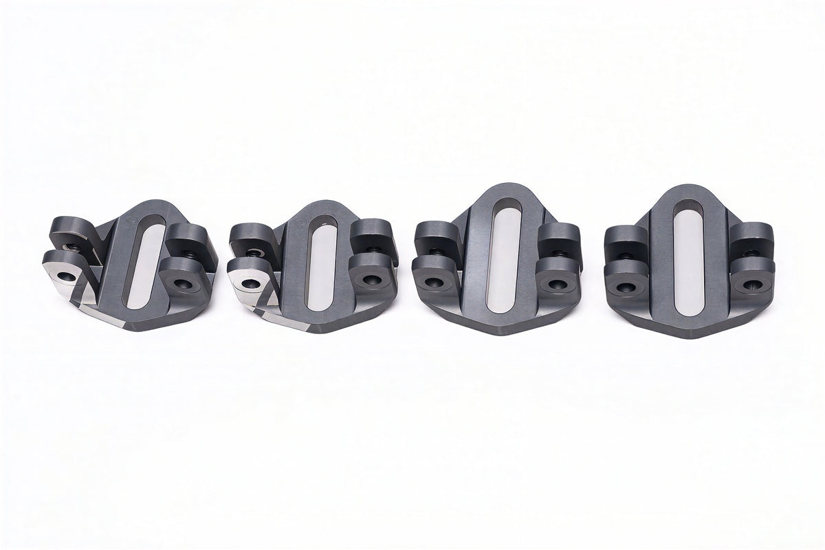 XC Flex Weapon short track cups, four grey cups in a row, top view of the slots