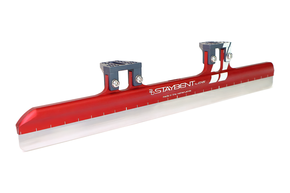 StayBent ACS short track speed skate blade, red tube with two grey cups, three-quarter view