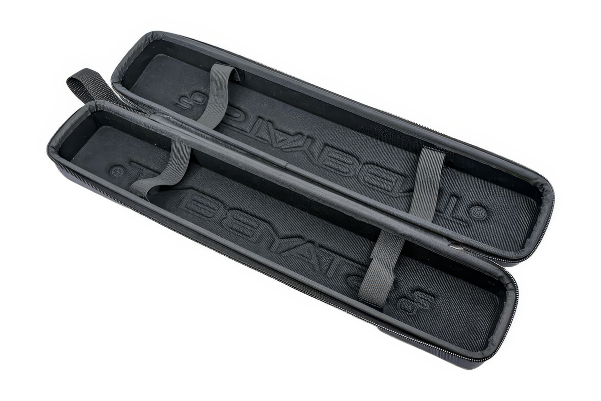 StayBent hard blade case, open, showing the moulded black lining and grey elastic straps