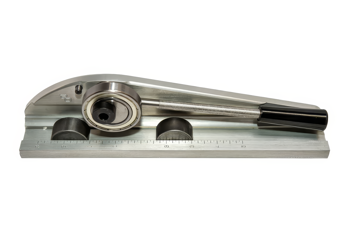 StayBent PRO long track steel bender, side view with the bending wheel and lever handle