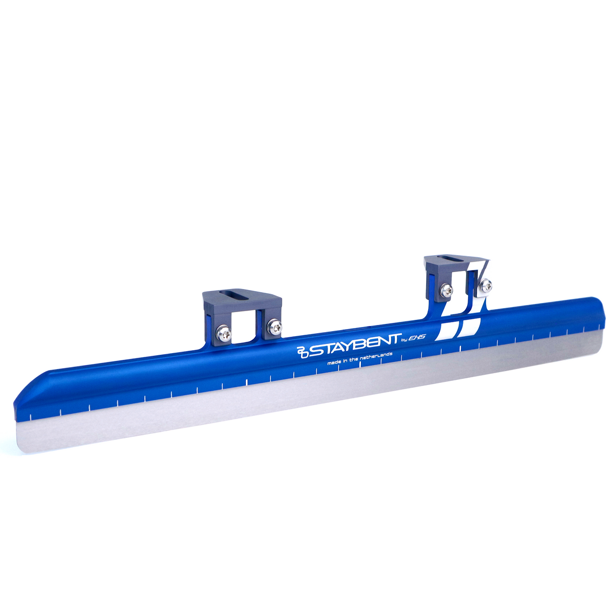 Quantum short track blade, blue tube, lower three-quarter showing the full runner