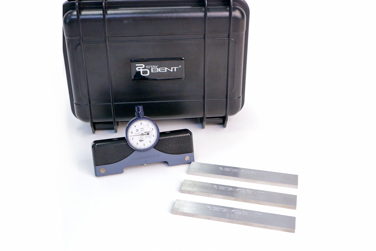 StayBent PRO radius and bend gauge, black hard case with the dial gauge and three calibration bars