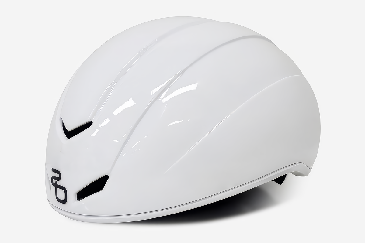 StayBent speed skating helmet in glossy white, three-quarter front view