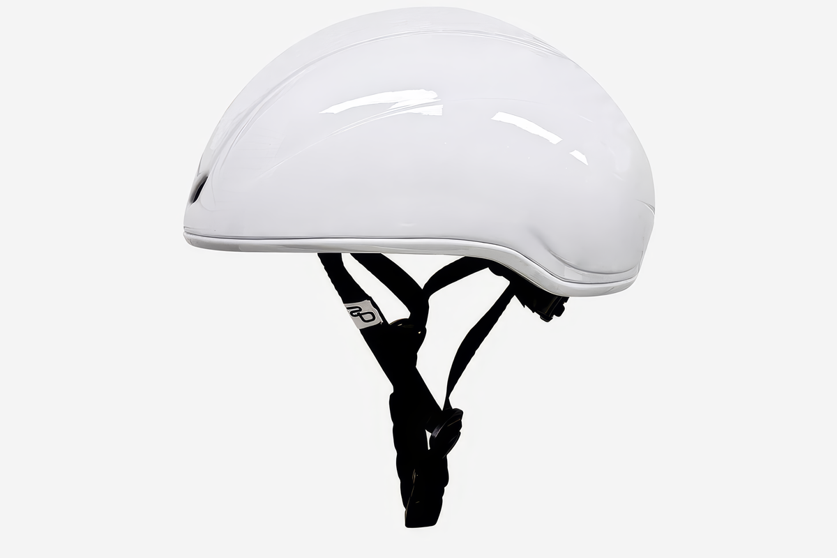 Casque de patinage de vitesse StayBent blanc brillant, vue latérale avec les jugulaires noires