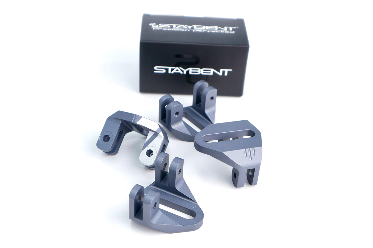StayBent Short Track PRO cups, four grey cups in front of the black StayBent box