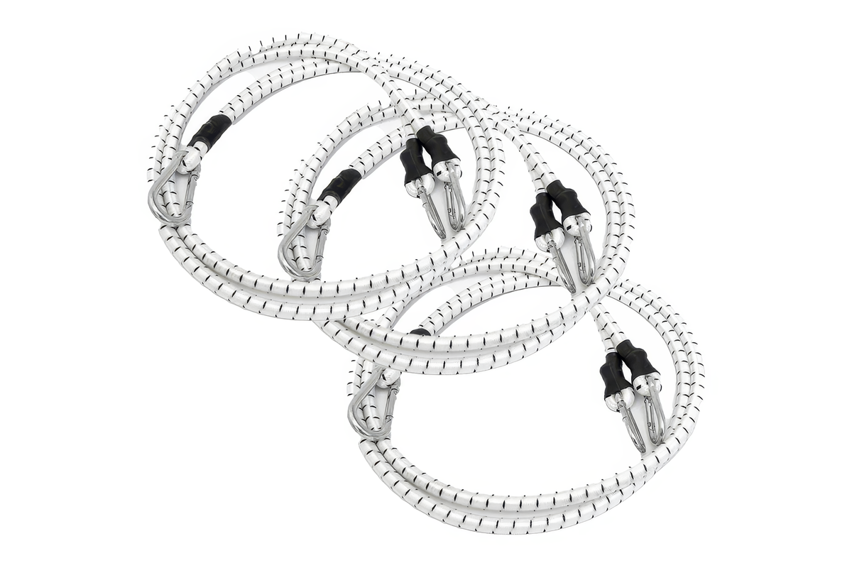Cordons de rechange StayBent TechniCords, trois cordons élastiques blancs avec mousquetons, enroulés