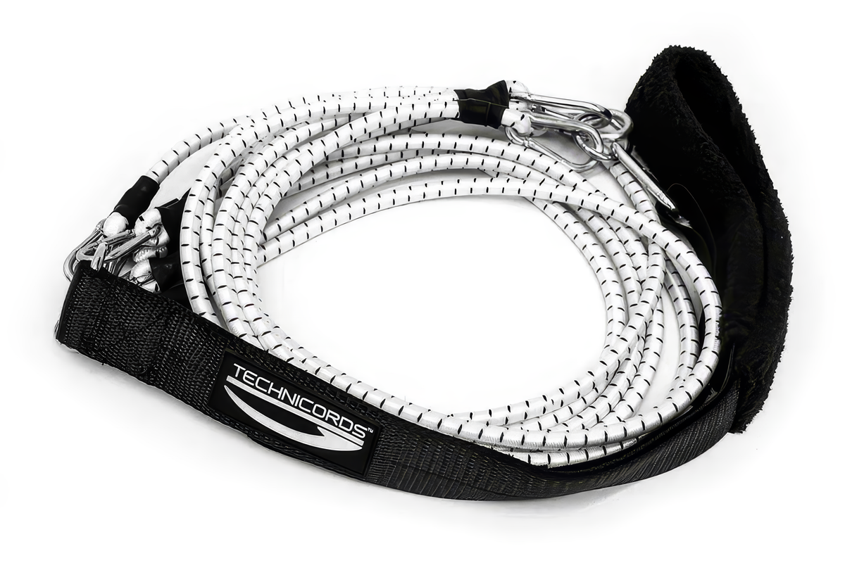 Kit d'entraînement StayBent TechniCords, cordons élastiques blancs enroulés avec la ceinture rembourrée noire