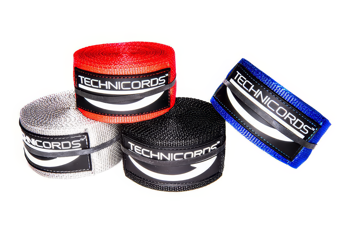 Ceintures de virage StayBent TechniCords, quatre ceintures roulées rouge, argent, noire et bleu roi