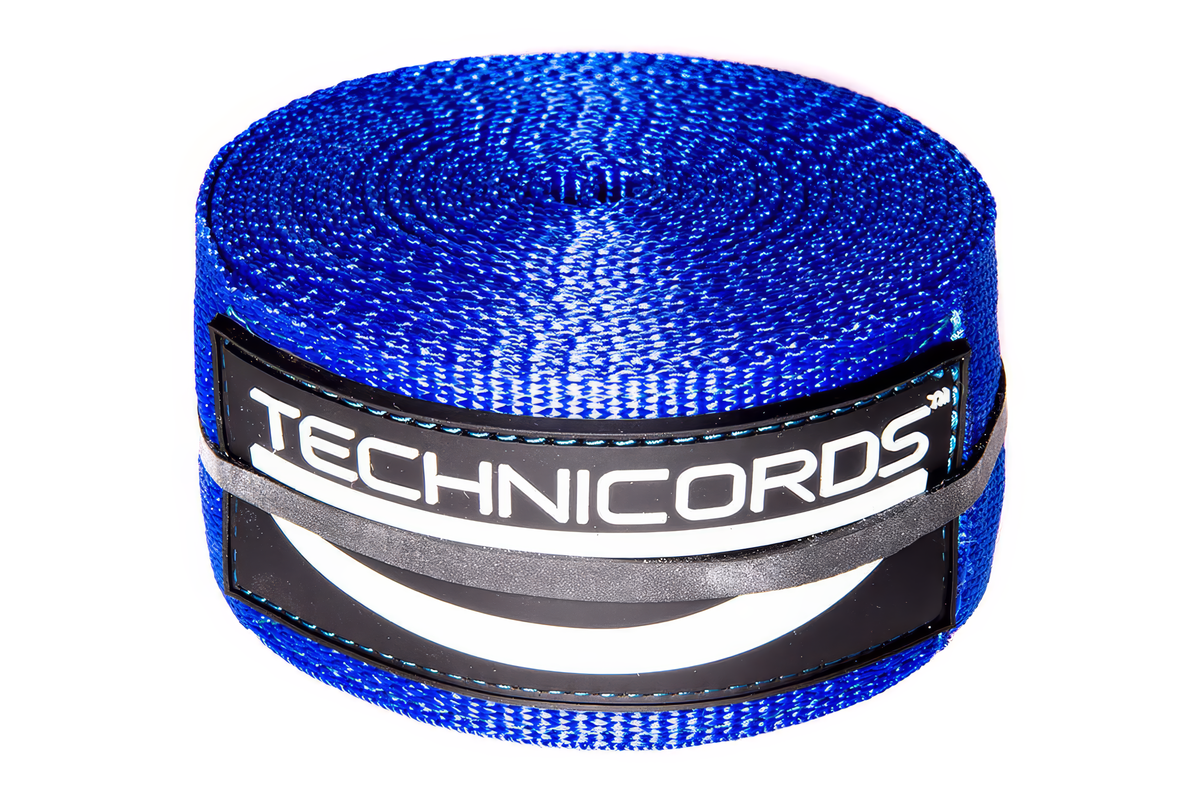 Ceinture de virage StayBent TechniCords, bleu roi, roulée avec l'étiquette TechniCords