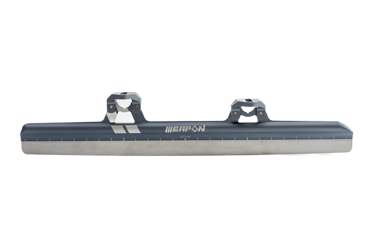 StayBent XC Firm Weapon short track speed skate blade, grey tube with two cups, side view